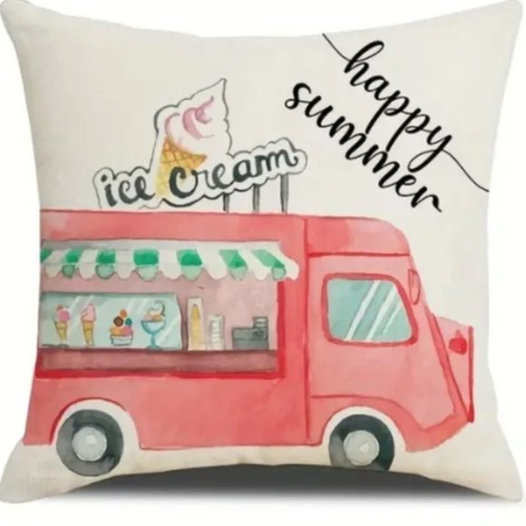 NEW LINEN BLEND "HAPPY SUMMER" RETRO PINK ICE CREAM TRUCK PILLOW COVER 17.7" - Picture 1 of 3